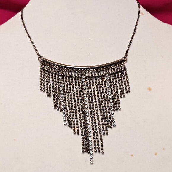 Hand Crafted Jewelry - Handmade Gun Metal Rhinestone Fringe Statement Choker Fashion Necklace